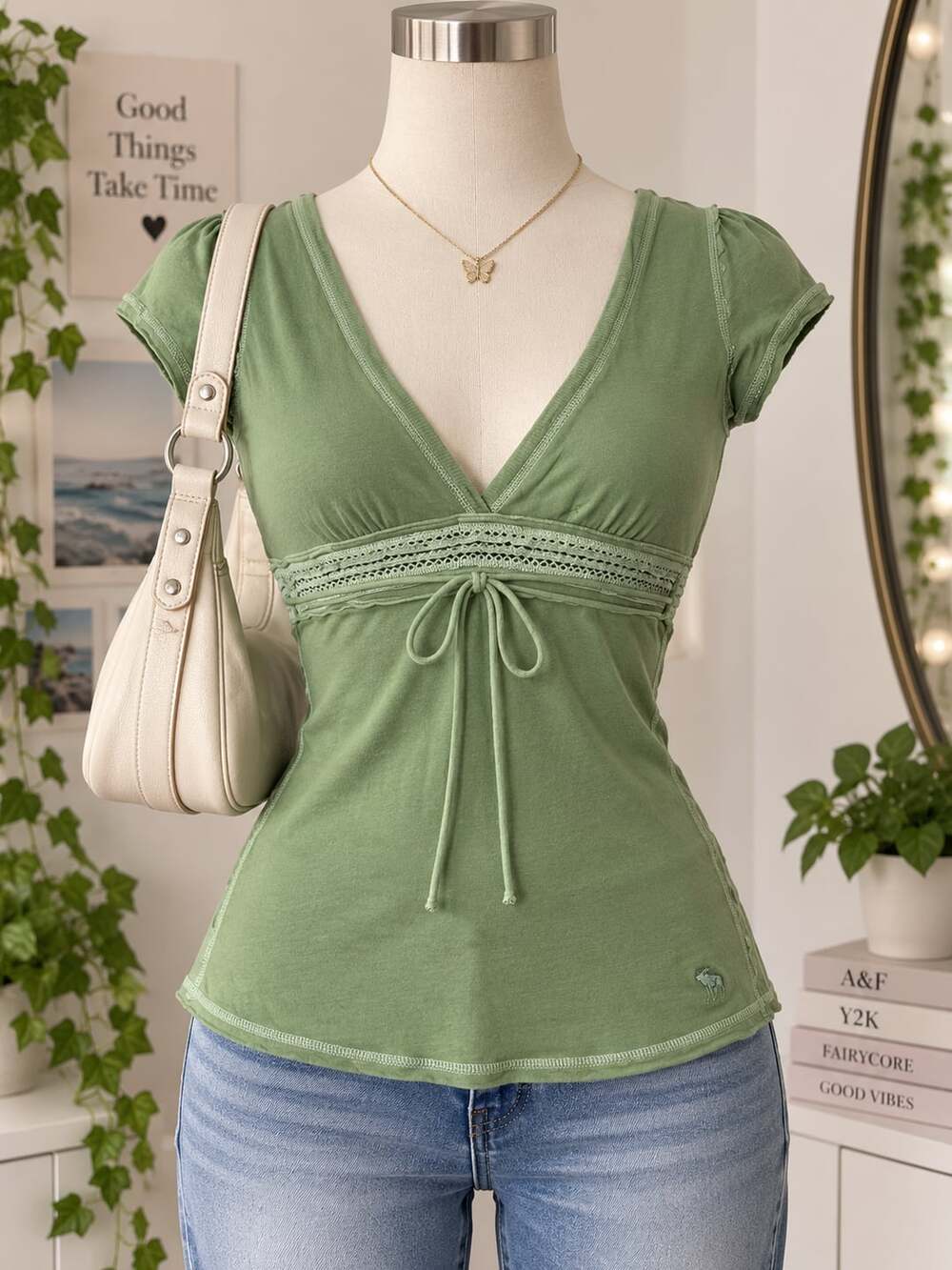 Abercrombie & Fitch Top Size S Green V-Neck Lace Y2K
